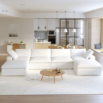 Sky Cloud Sectional Sofa, Pet-Friendly Cover 160-Inch Linen U-Shaped Sectionals 6-Seaters, White