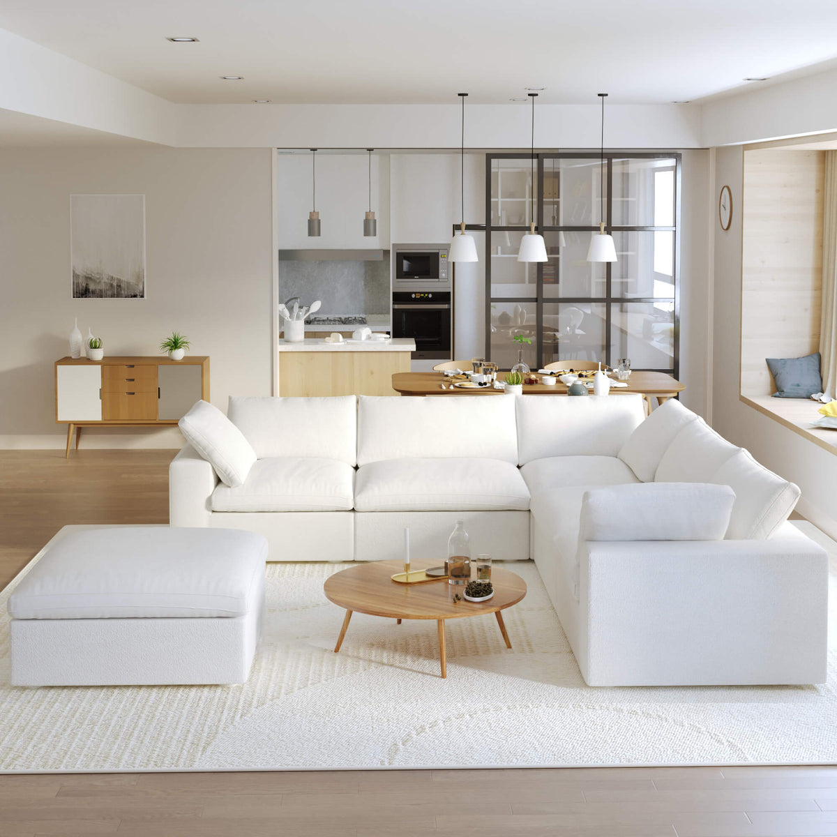 Sky Cloud Sectional Sofa, Replaceable Cover 120-Inch Linen Corner Sectionals 5-Seaters, White