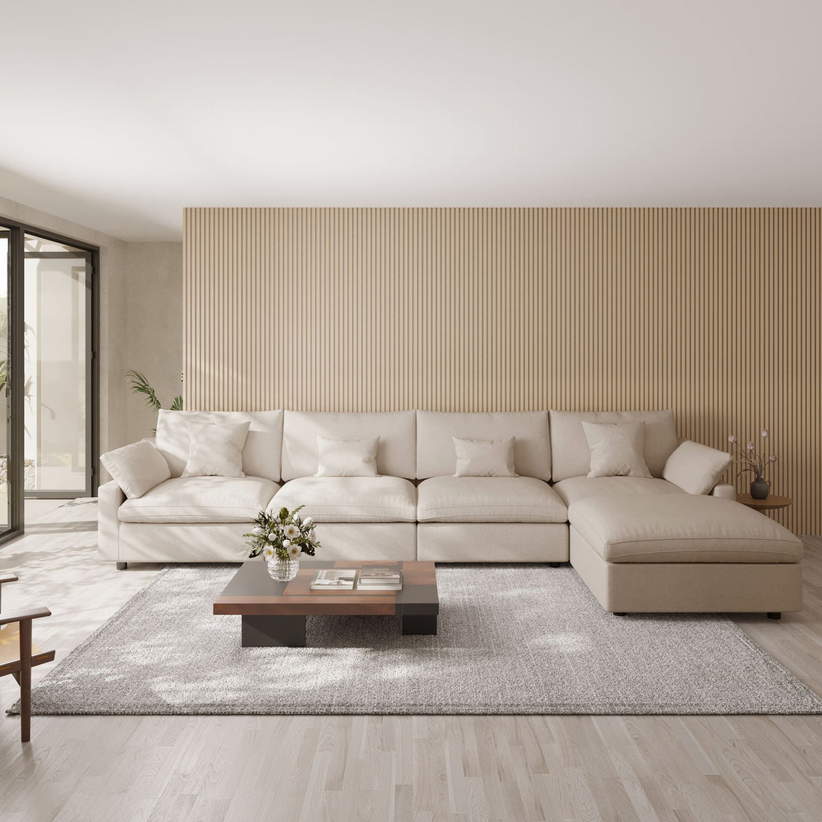 Sky Cloud Slope Sectional Sofa, Pet-Friendly Linen L-Shaped Sectional 5-Seater