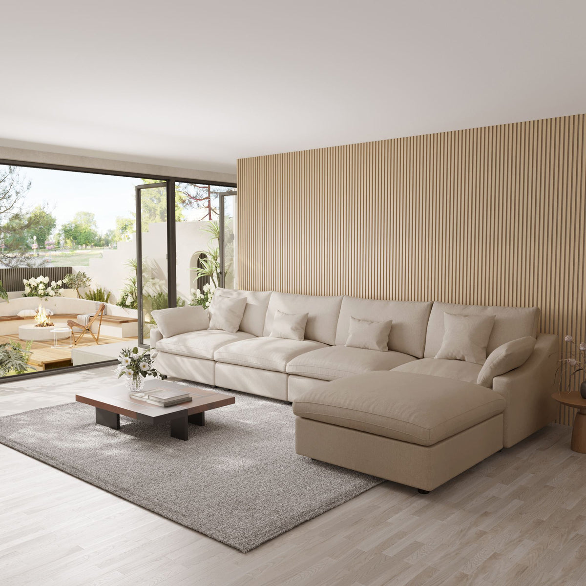Sky Cloud Slope Sectional Sofa, Pet-Friendly Linen L-Shaped Sectional 5-Seater, Khaki