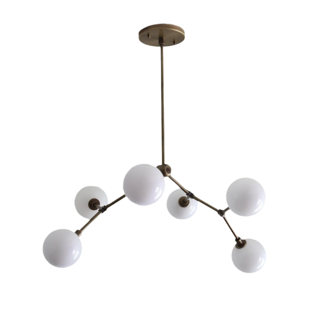 Modern Brass Chandelier with Hand-Blown Opal Glass Shades