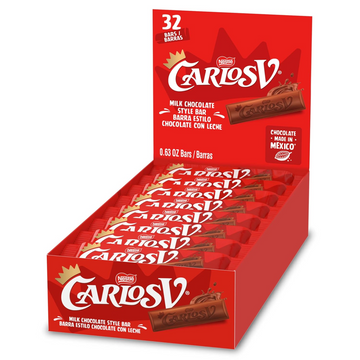 Carlos V Milk Chocolate Style Full-Size Mexican Candy Bar, Bulk Candy Box, Made in Mexico, 32 Count