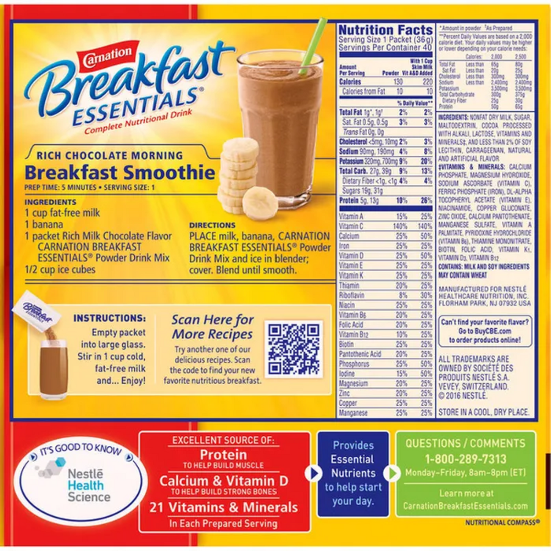 Carnation Breakfast Essentials Powdered Drink Mix, Rich Milk Chocolate, 1.26 oz, 40-count