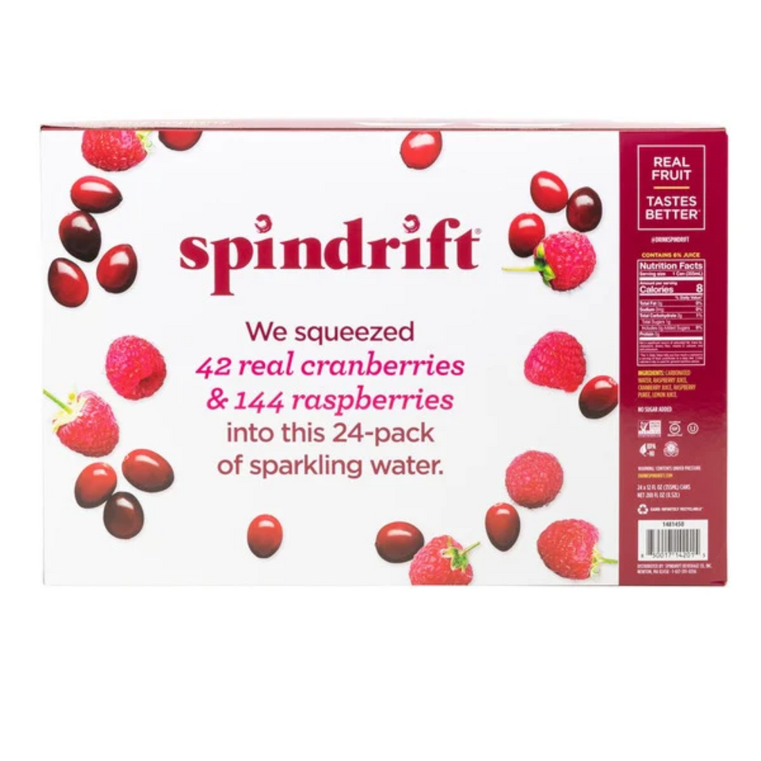 Spindrift Sparkling Cranberry Raspberry, 12 fl oz, 24-count