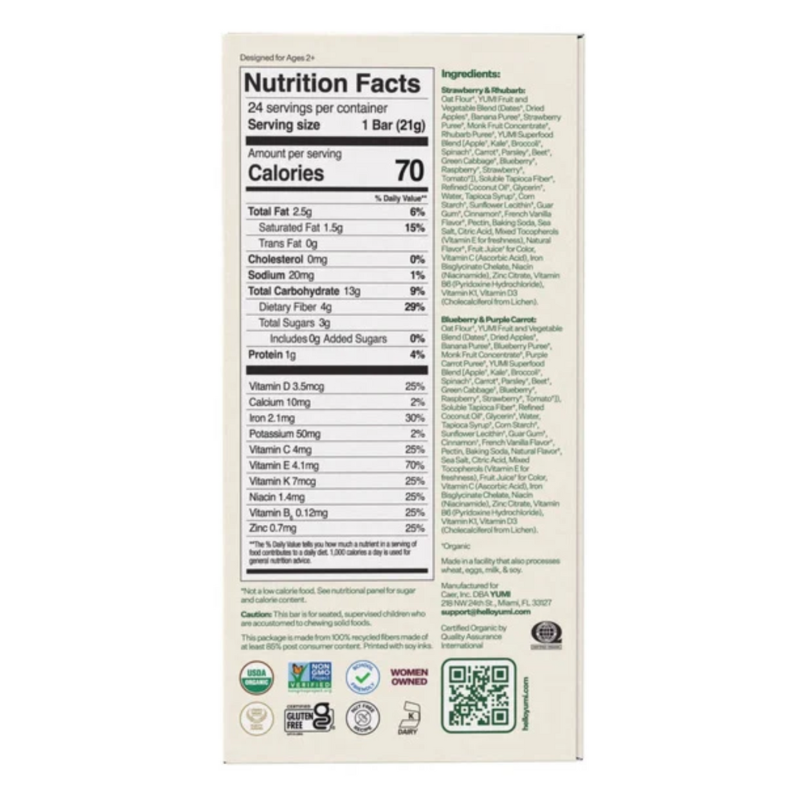 Yumi Organic Snack Bars Berry Variety Pack, .74 oz, 24-count
