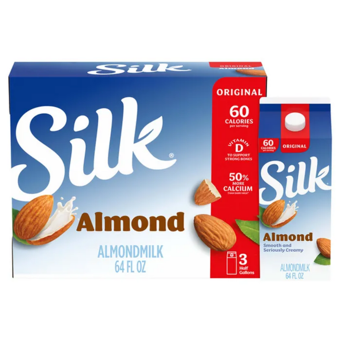 Silk Almond Milk, Original, Dairy-Free, Vegan, Non-GMO Project Verified, Half Gallon, 3 Pack 64 fl oz