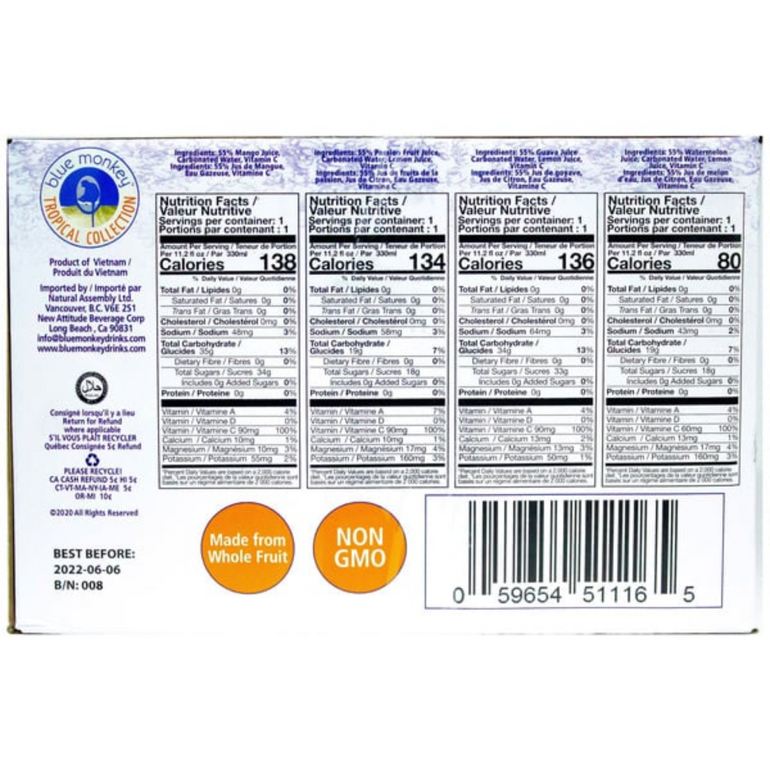 Blue Monkey Sparkling Tropical Juice Drink, Variety Pack, 11.2 fl oz, 16-count