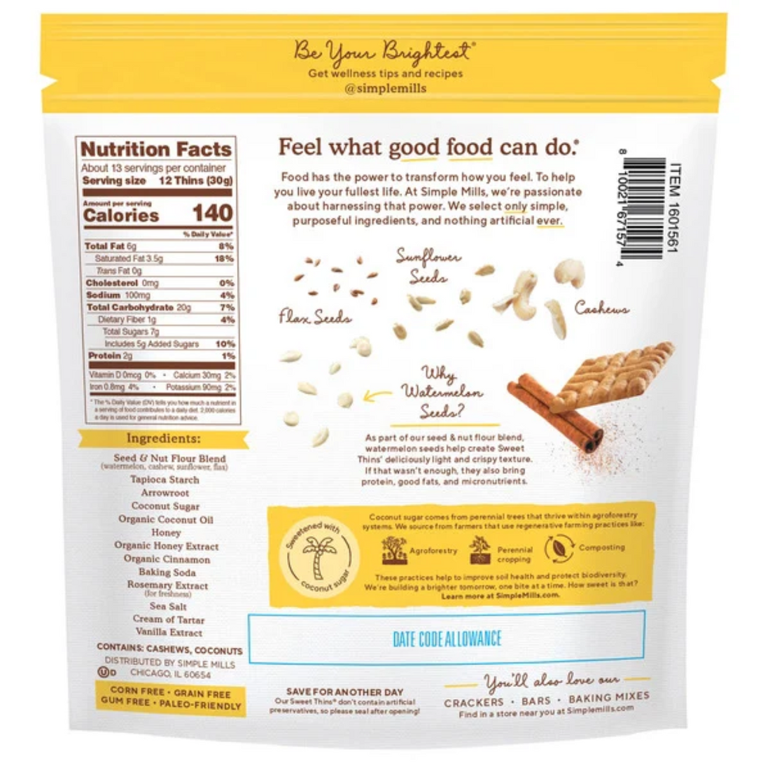 Simple Mills Seed & Nut Flour Honey Cinnamon Sweet Thins, 14 oz