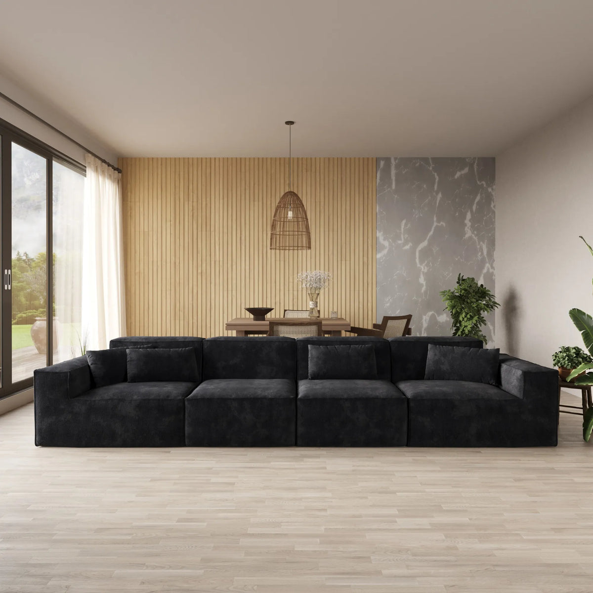 Urban Sectional Sofa, Pet-Friendly Cloud Velvet Sleepers 4-Seaters, Black