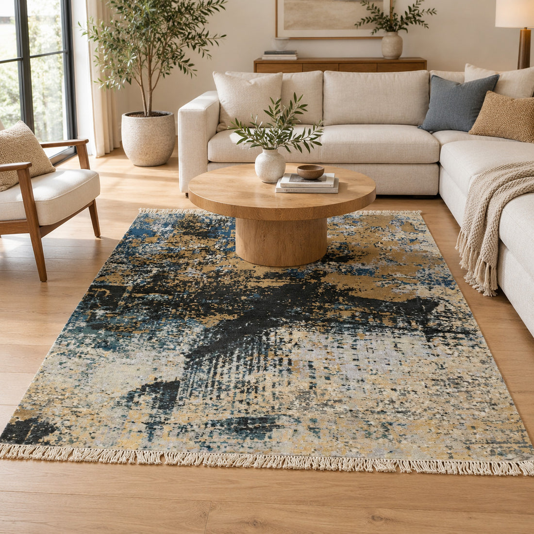 Sanganer Modern Hand knotted Abstract Painting Rug, full view on a white background