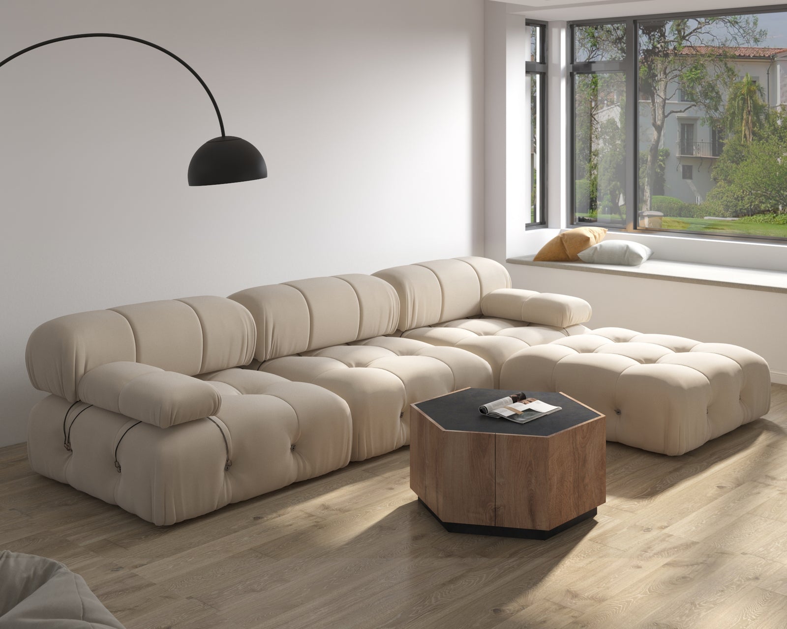 Bubble modular sectional in beige arranged along a sunlit living room wall with a wooden coffee table