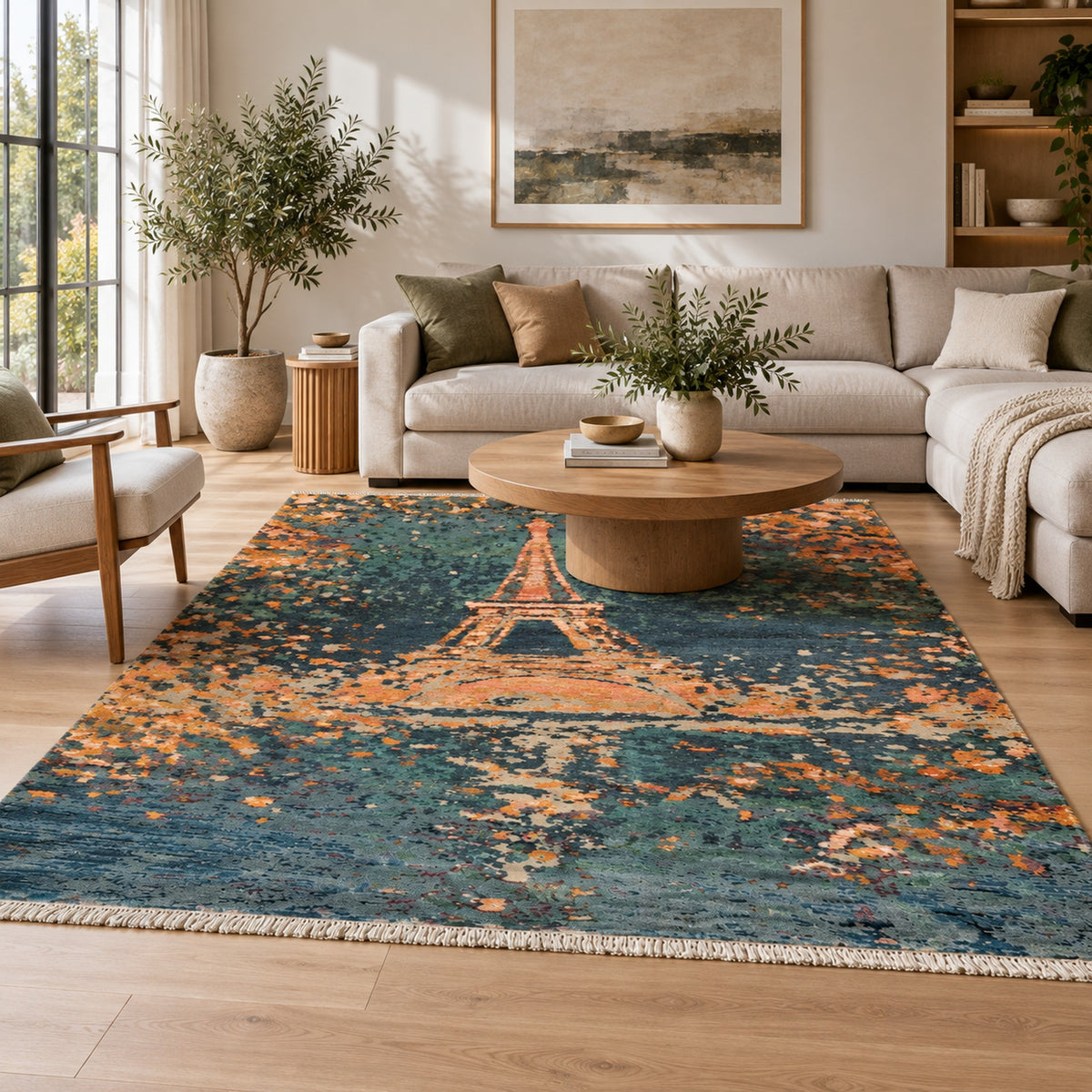 Eiffel Tower Handmade Woolen Carpet in a living room
