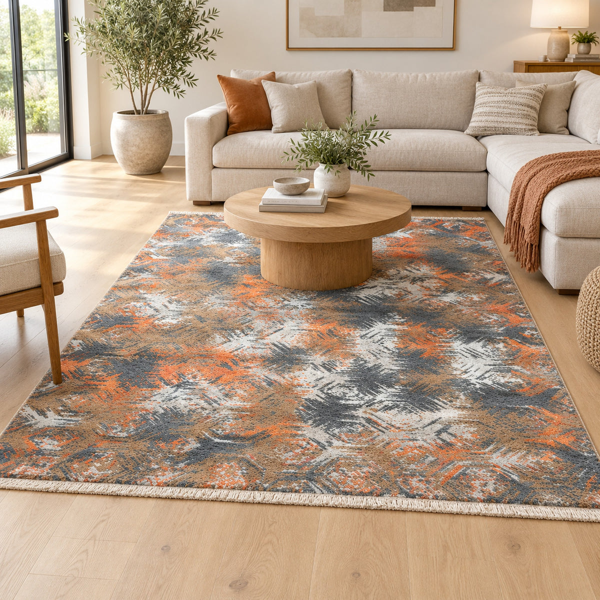 Erased Granite Colorful Geometric Handmade Rug in a living room