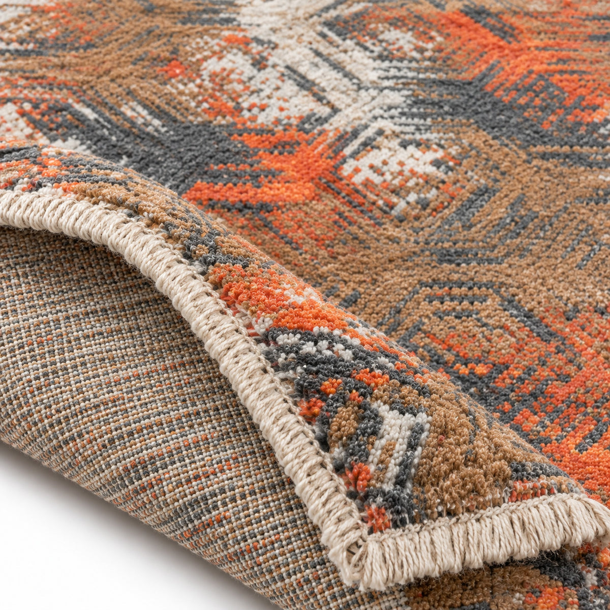 Erased Granite Colorful Geometric Handmade Rug, folded corner showing the back