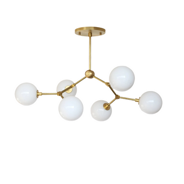 Modern Brass Chandelier with Hand-Blown Opal Glass Shades