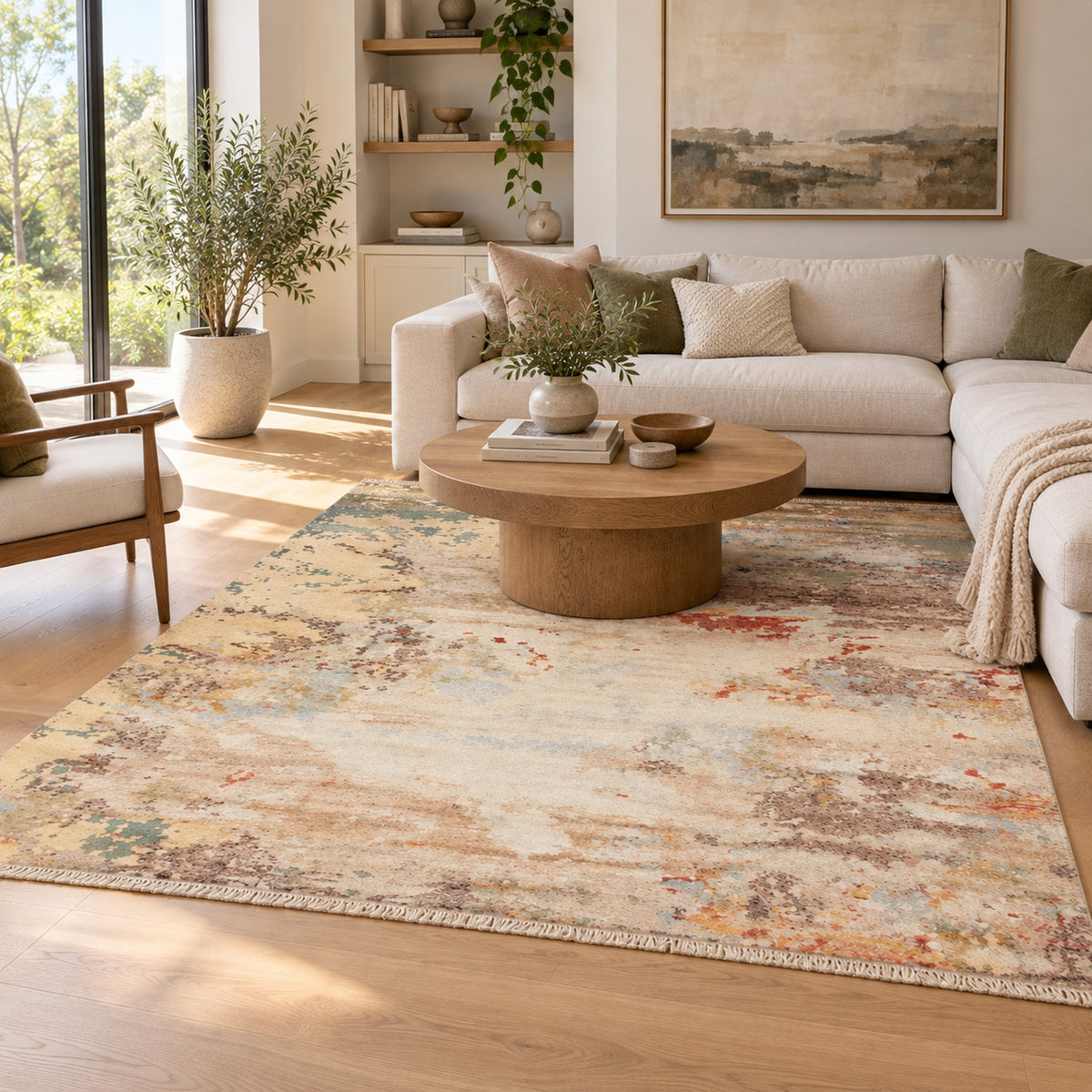 Alchemy Ivory Abstract Transitional Modern Bedroom Rug in a living room