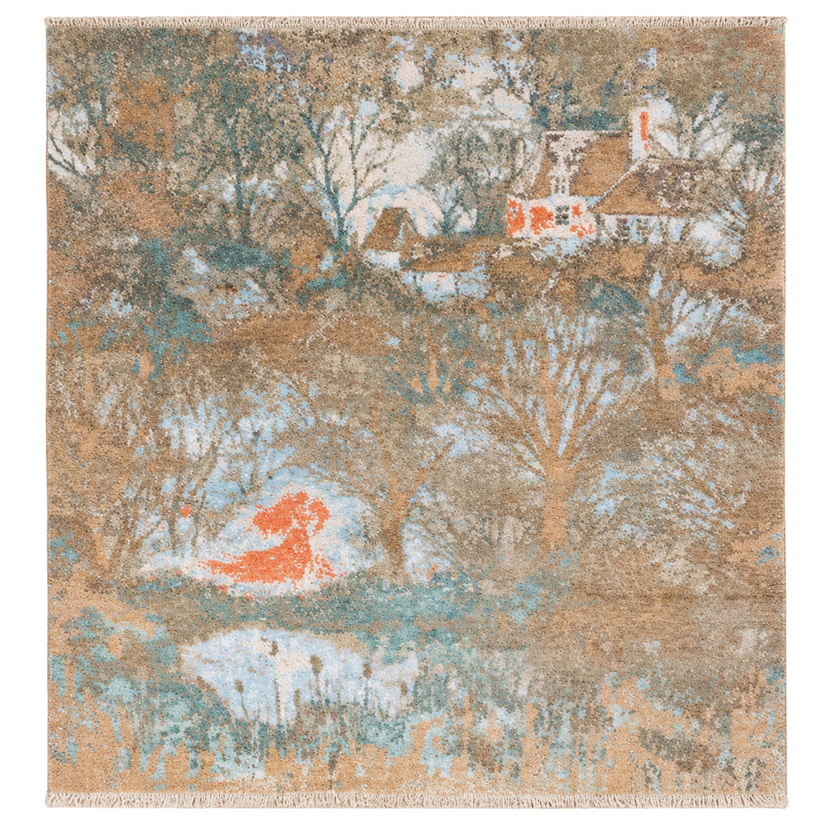 Blue Tree of life Painting Handmade Transitional wool and silk Rug, full view on a white background