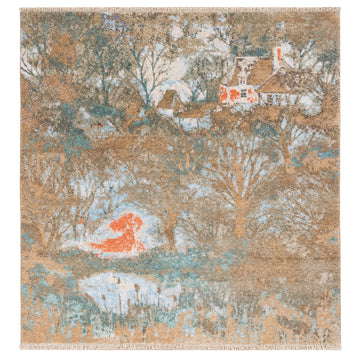 Blue Tree of life Painting Handmade Transitional wool and silk Rug, full view on a white background