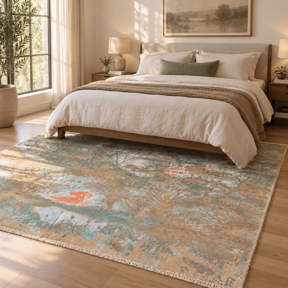 Blue Tree of life Painting Handmade Transitional wool and silk Rug in a bedroom