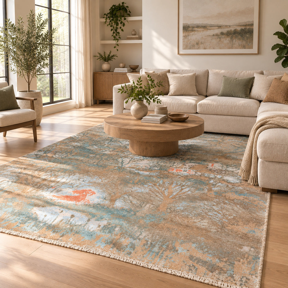 Blue Tree of life Painting Handmade Transitional wool and silk Rug in a living room