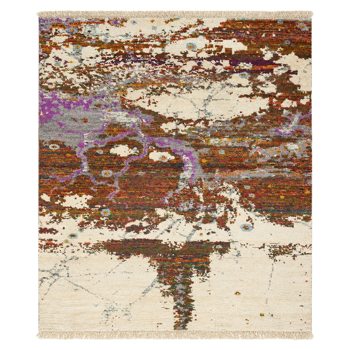 Erased Luxe Silk Ivory Modern designer Rug, full view on a white background