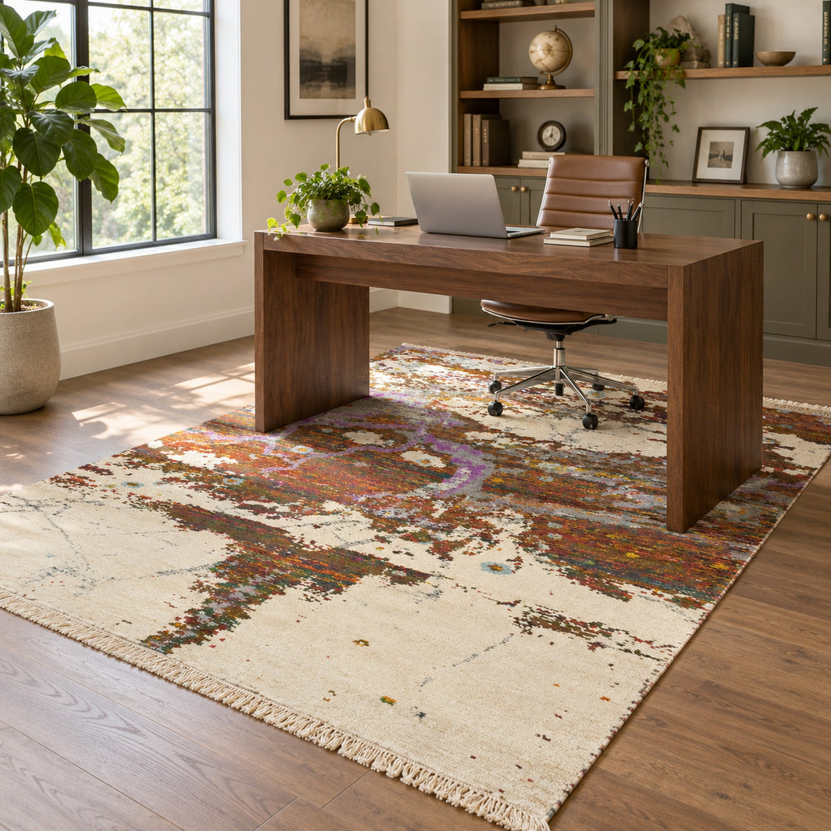 Erased Luxe Silk Ivory Modern designer Rug in a home office