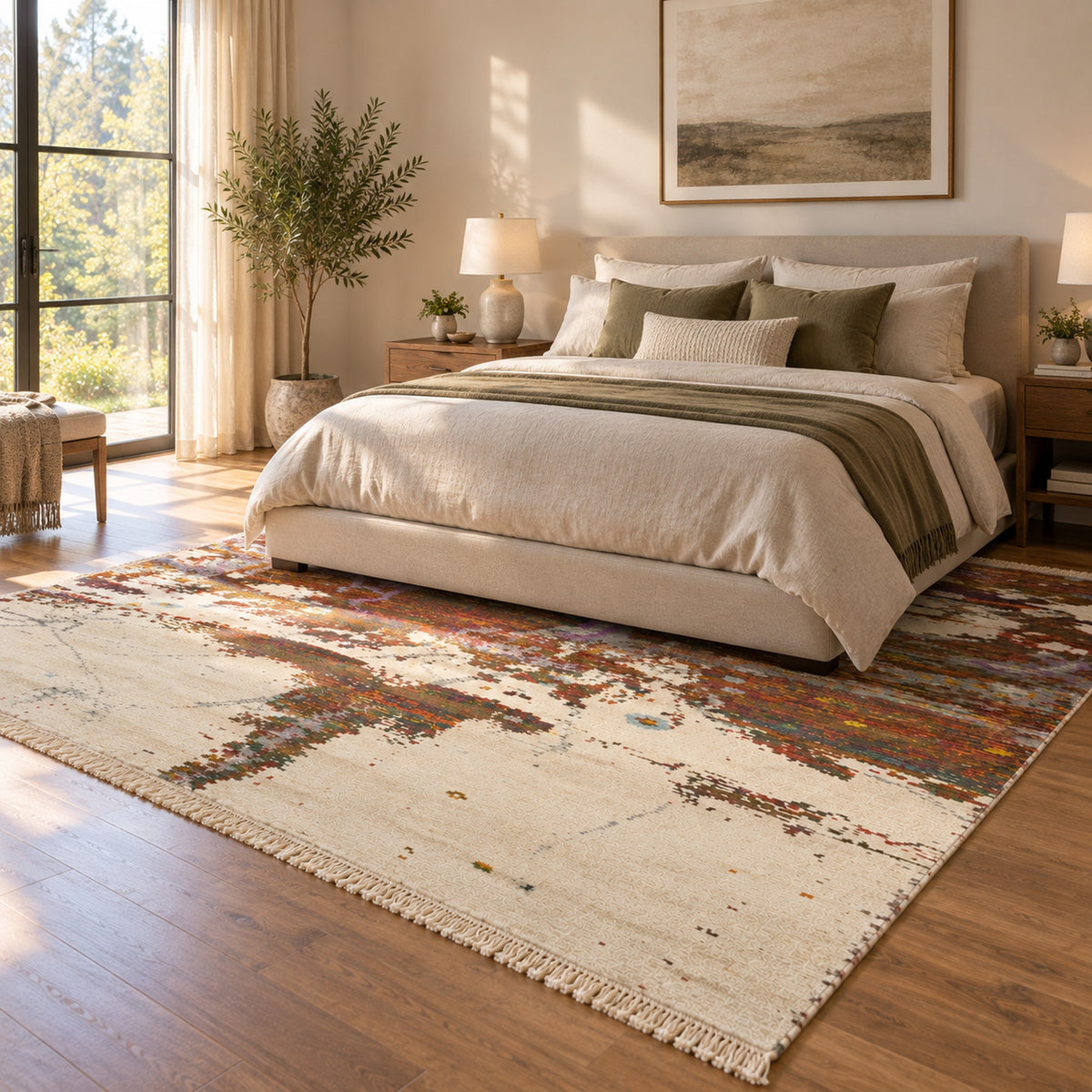 Erased Luxe Silk Ivory Modern designer Rug in a bedroom