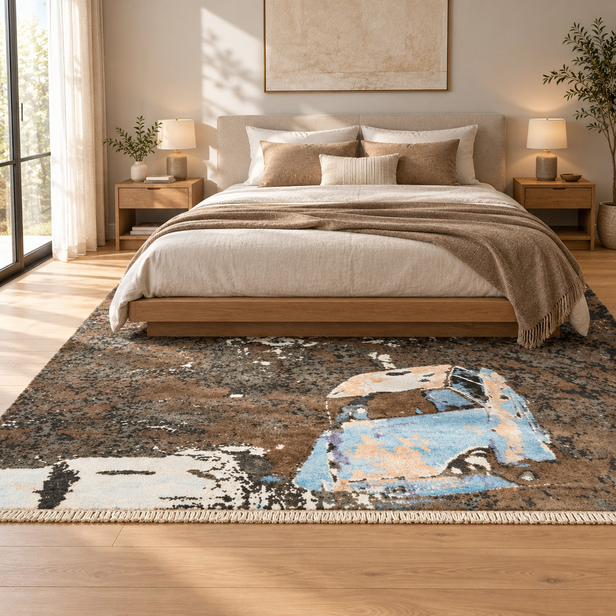High Quality Green Grey Abstract Painting Rug for Bedroom in a bedroom