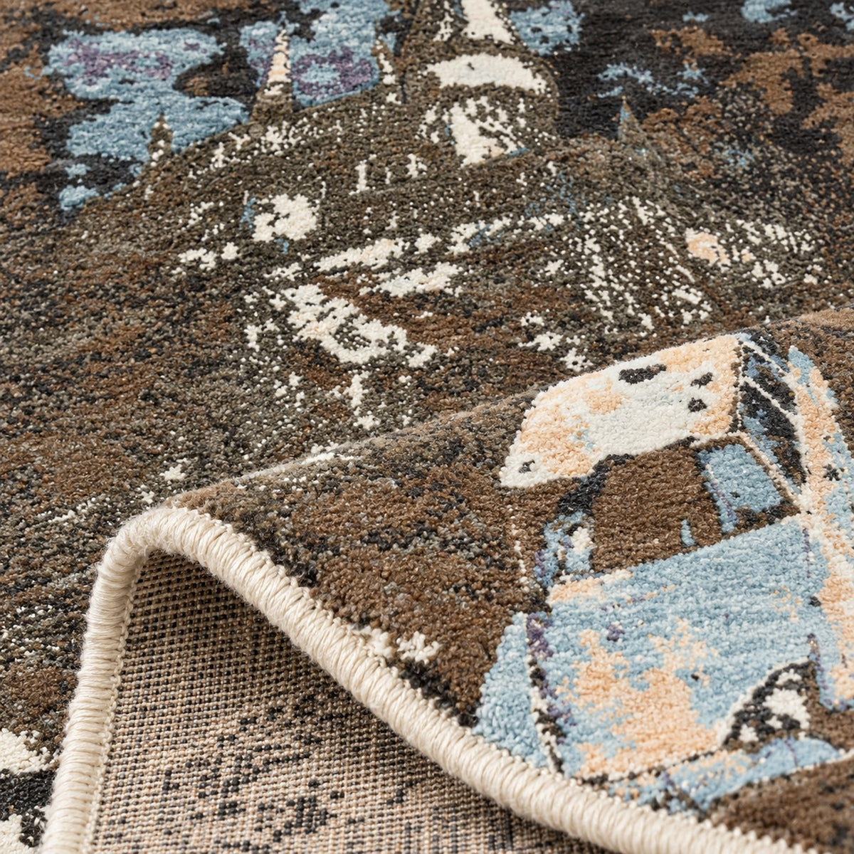 High Quality Green Grey Abstract Painting Rug for Bedroom, folded corner showing the back