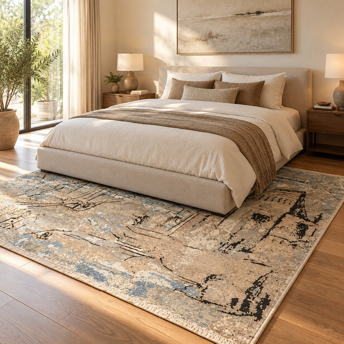 Trevor Abstract artistry and rustic charm for contemporary spaces in a bedroom