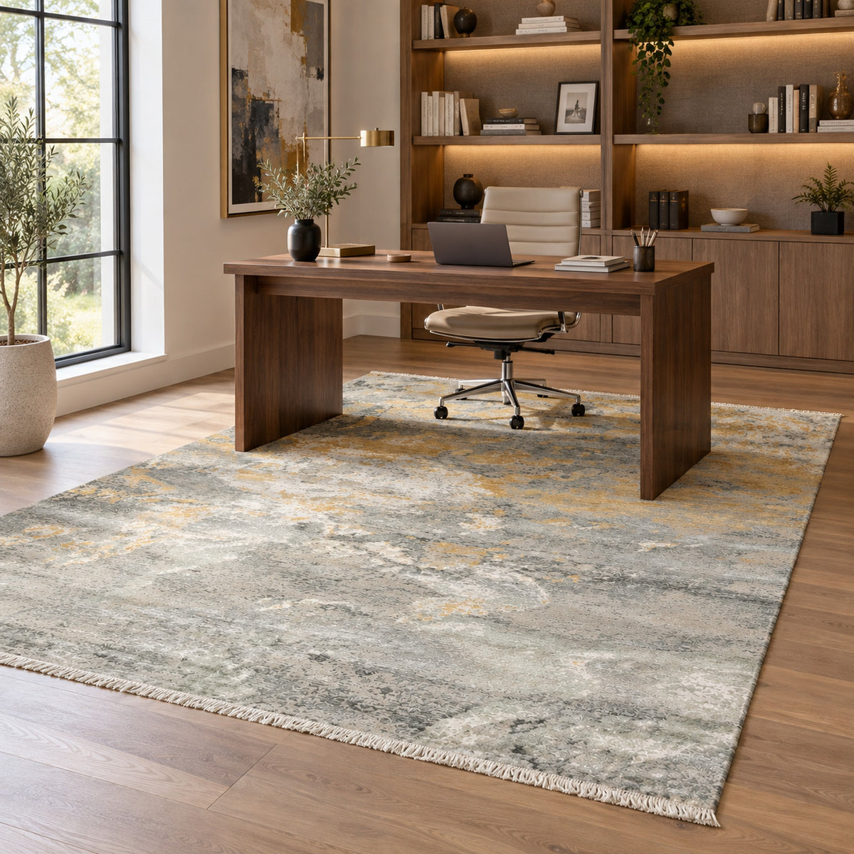 Majestic Abstract Pattern Hand Knotted wool & Silk for bedroom Rug in a home office