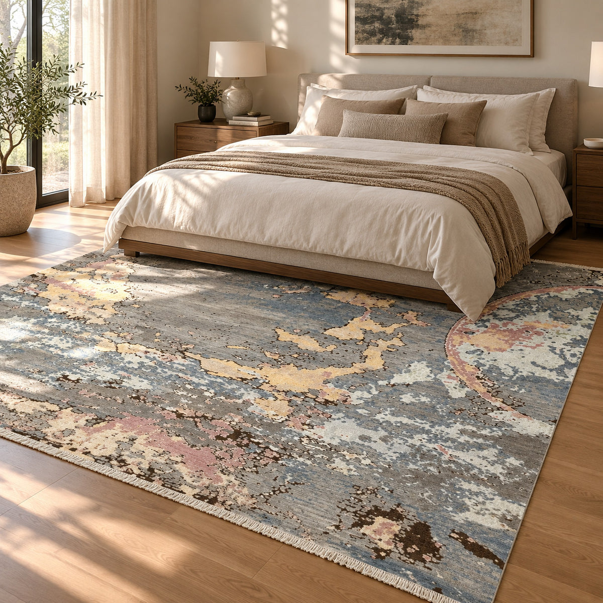 Genesis Earth Grey handmade Woolen Plush look Soft Pile Rug in a bedroom