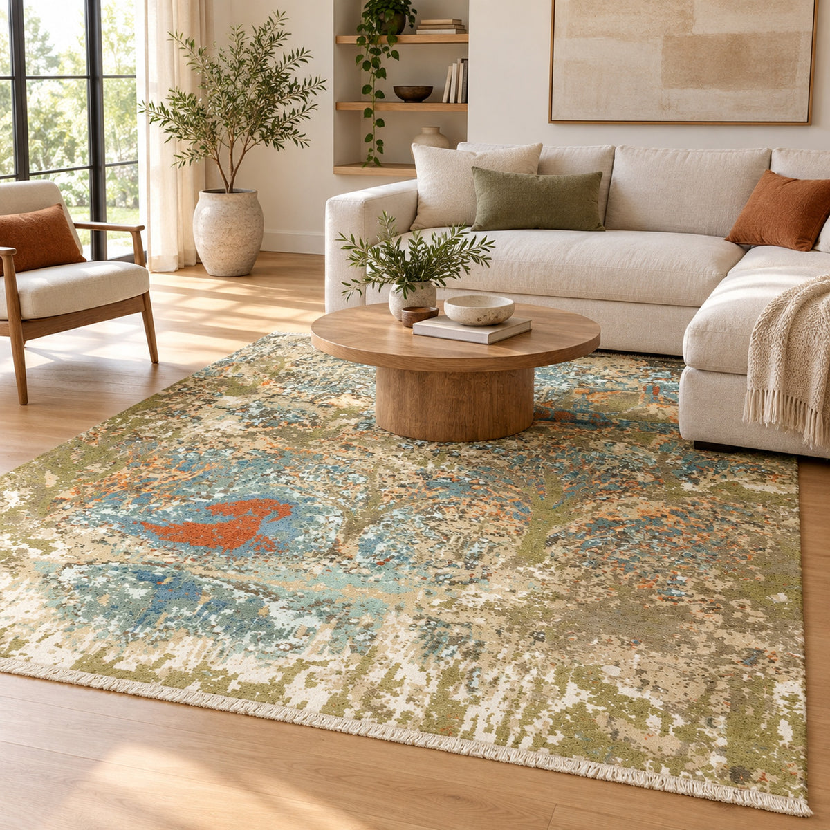 Maribelle Wool & Silk Large Hand Knotted Abstract Painting Canvas Designer Rug in a living room