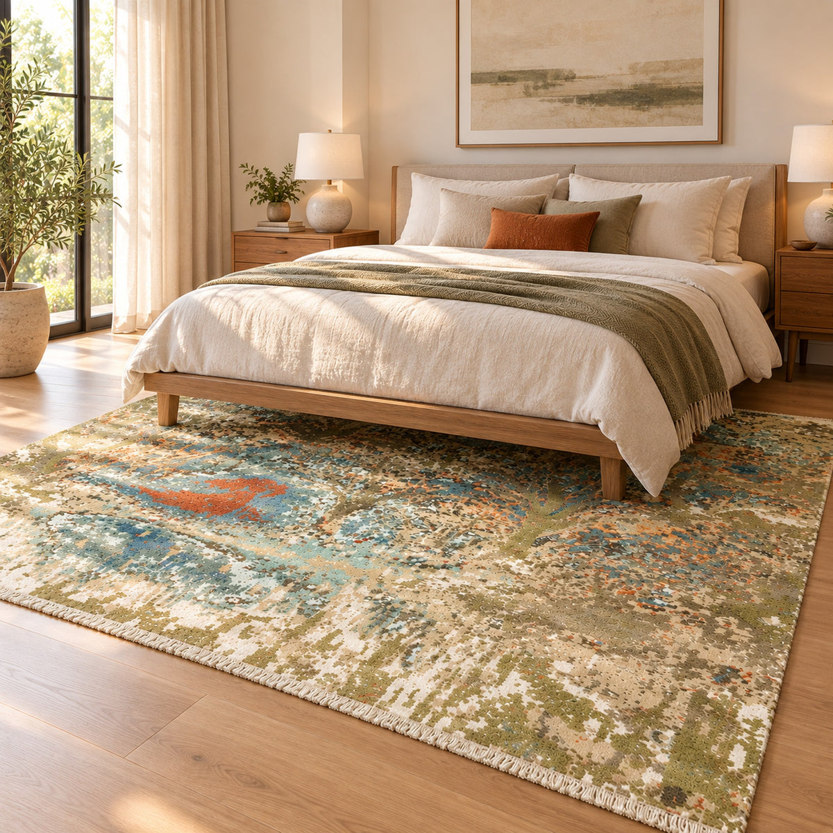 Maribelle Wool & Silk Large Hand Knotted Abstract Painting Canvas Designer Rug in a bedroom