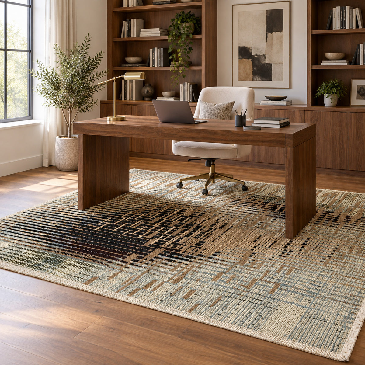 Mystique Grafton Grey Mustard Modern Designer Transitional Rug in a home office
