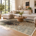 Mystique Grafton Grey Mustard Modern Designer Transitional Rug in a living room