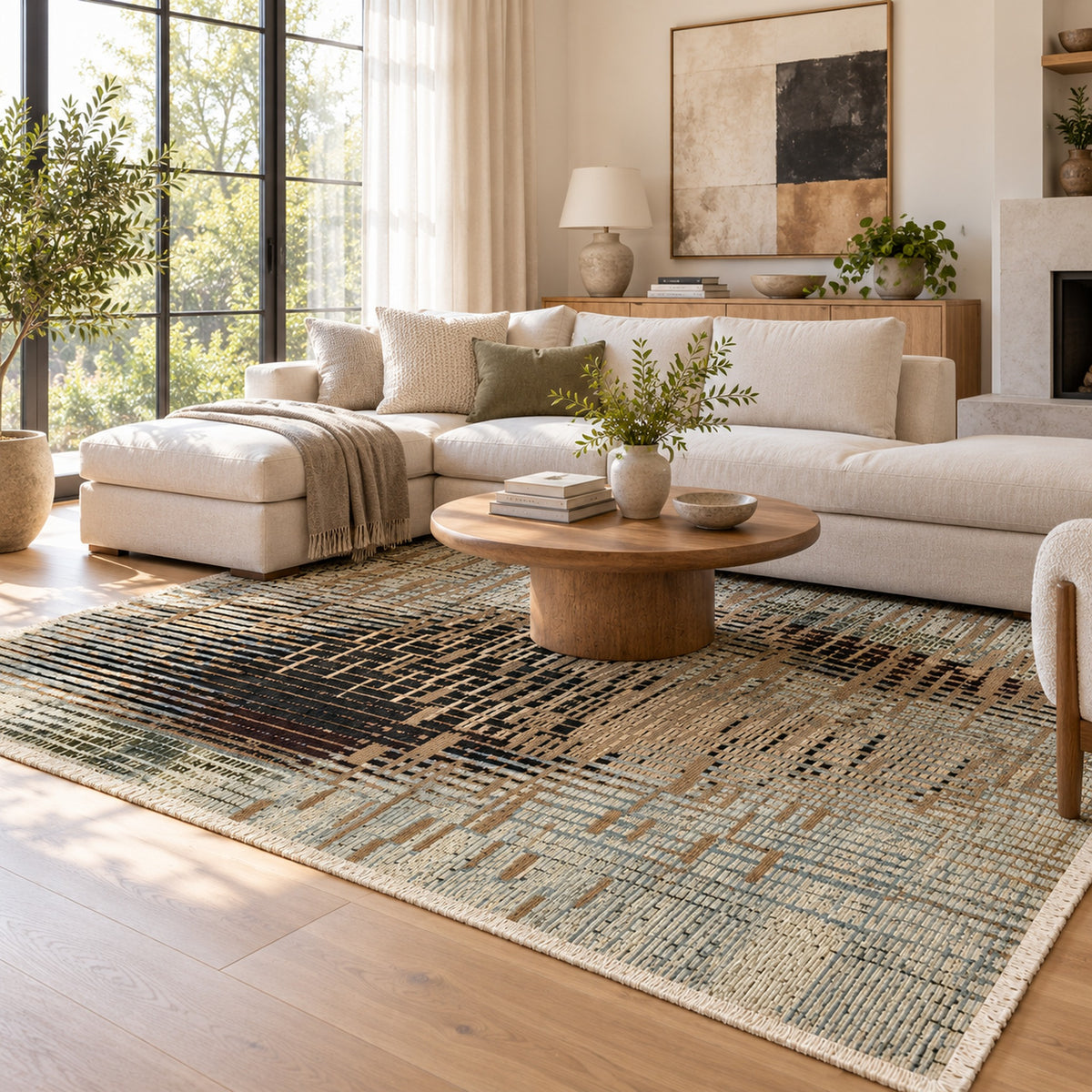Mystique Grafton Grey Mustard Modern Designer Transitional Rug in a living room