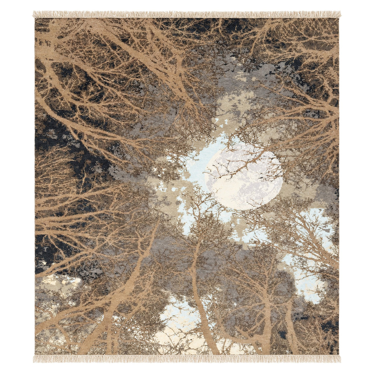 Natural Moon Theme Tree of life hand Knotted High Quality Wool Rug, full view on a white background