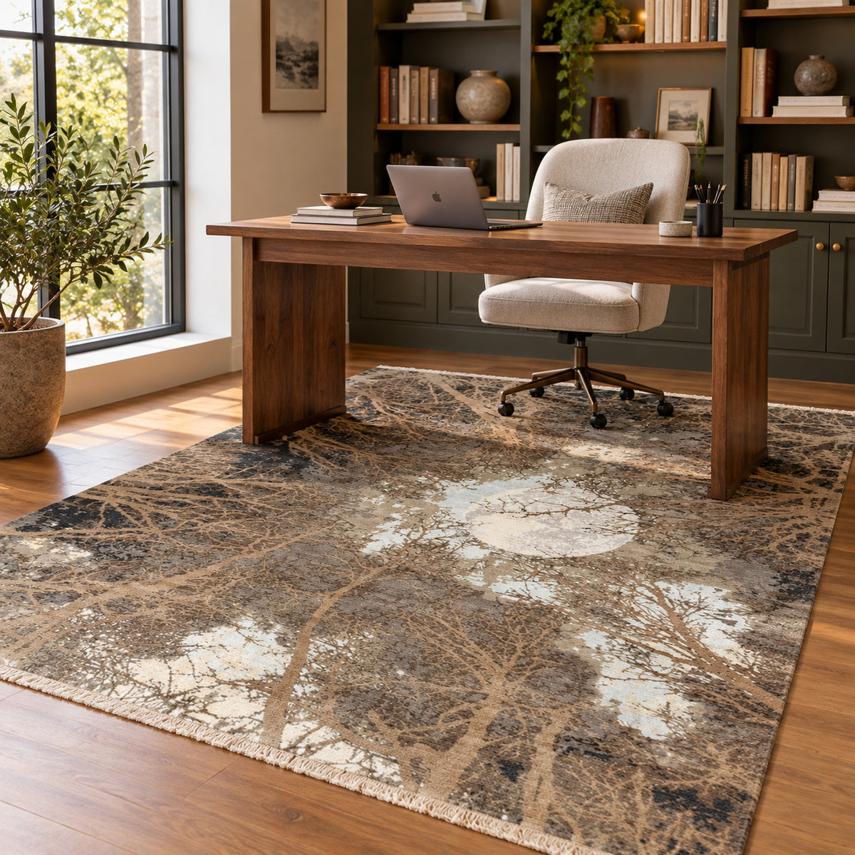 Natural Moon Theme Tree of life hand Knotted High Quality Wool Rug in a home office