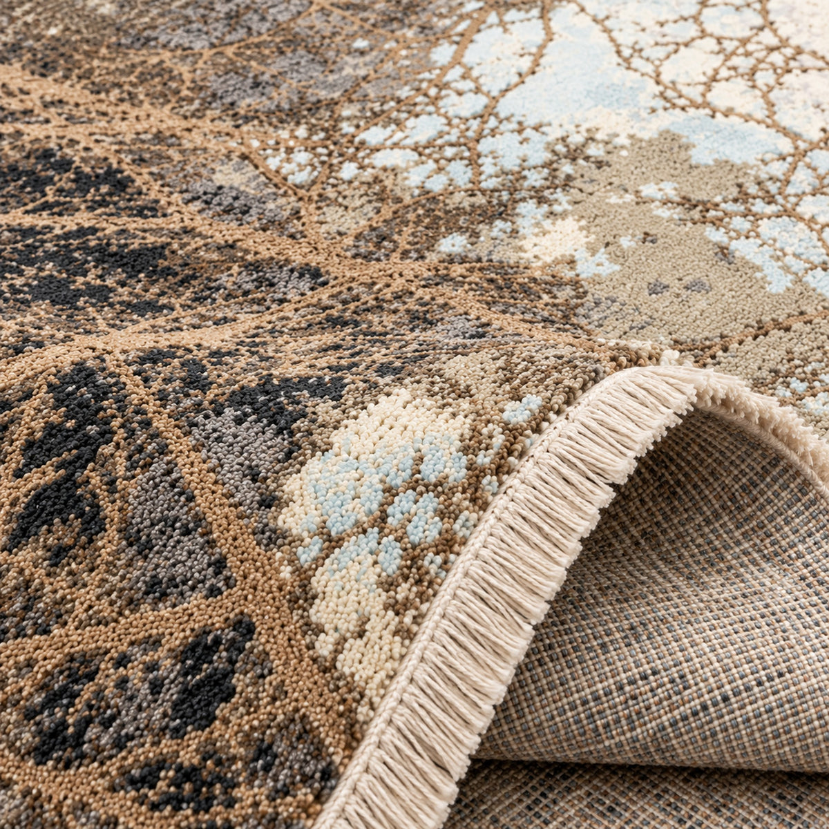 Natural Moon Theme Tree of life hand Knotted High Quality Wool Rug, folded corner showing the back
