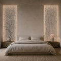 Natural crystal wall panel backlit, glowing stone veining across a feature wall