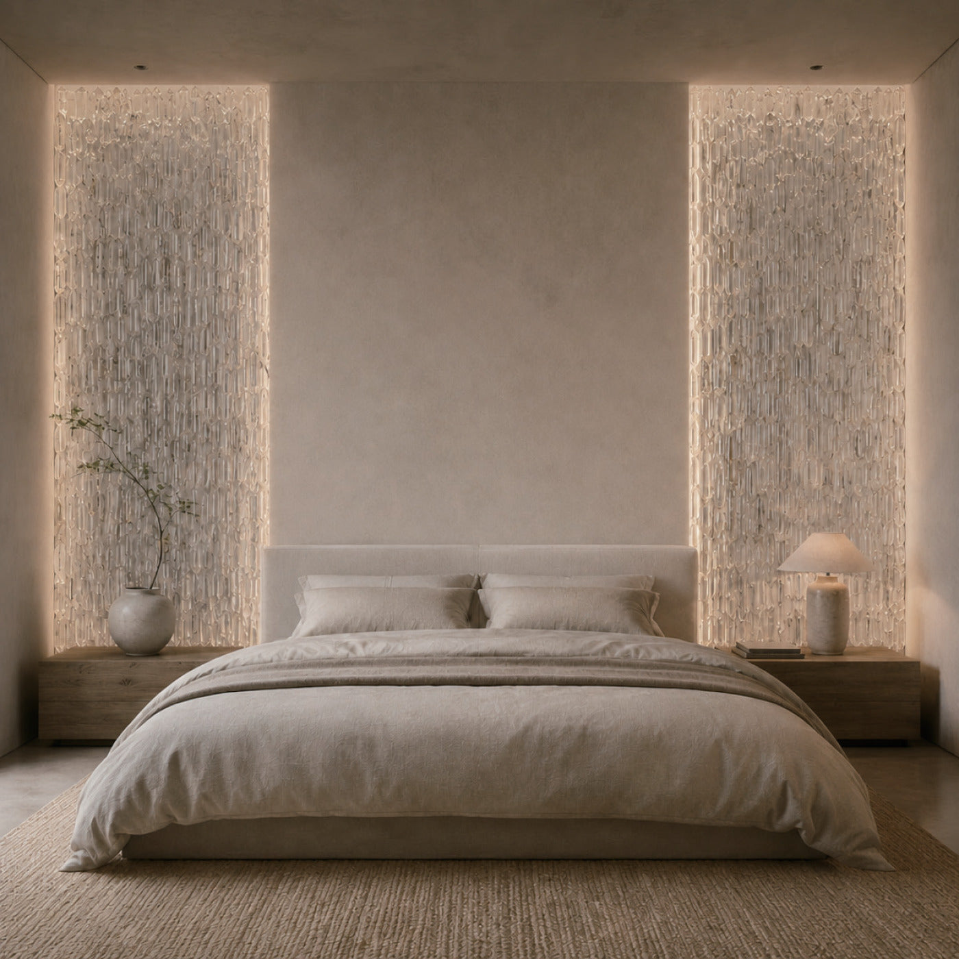 Natural crystal wall panel backlit, glowing stone veining across a feature wall