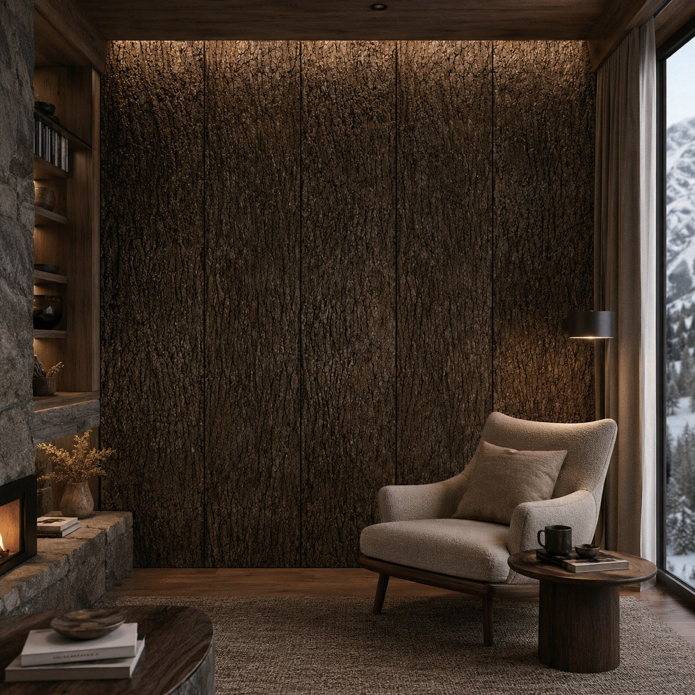 Tree Bark wall panels installed across a feature wall