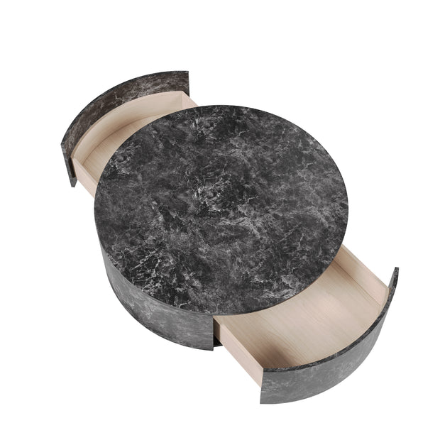Round coffee table with a faux marble top and two drawers