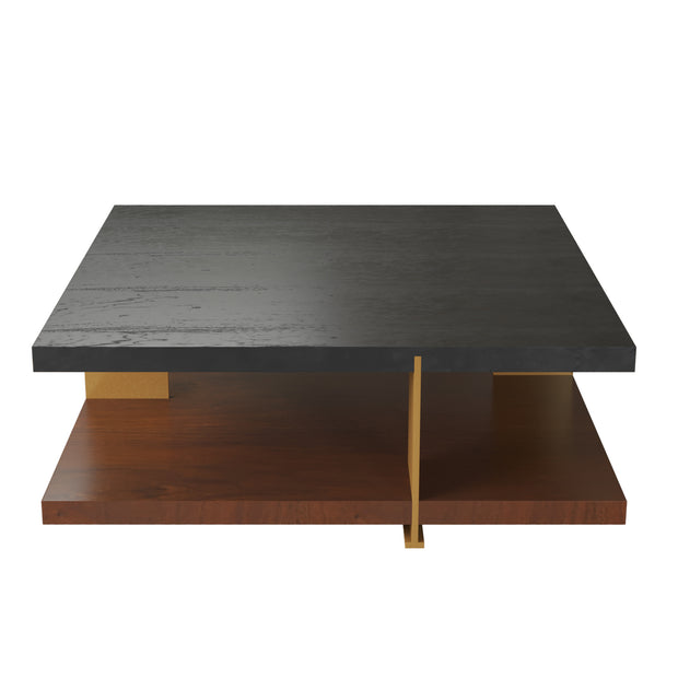 Two tier square coffee table in ash and walnut with metal legs