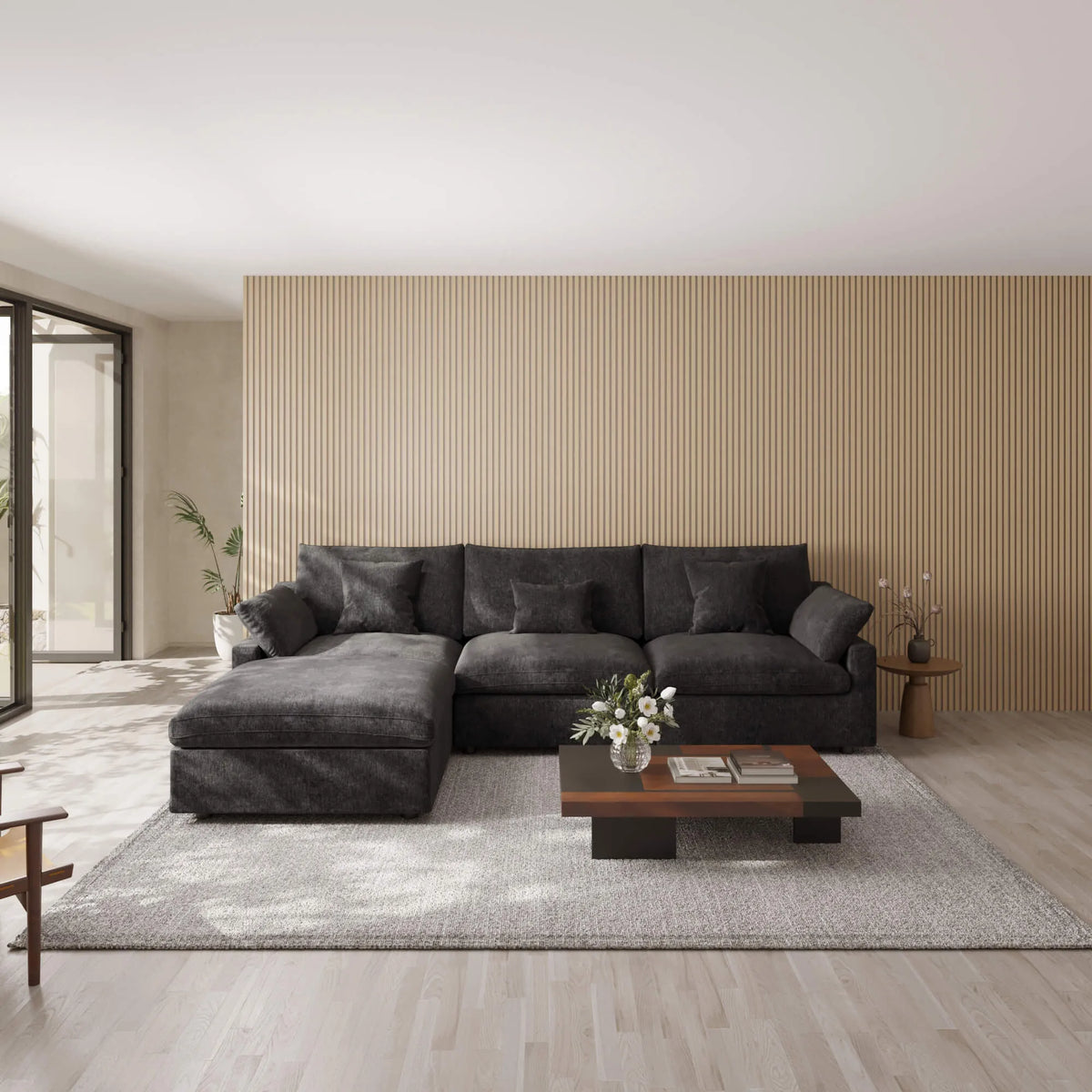 Sky Cloud Slope Sectional Sofa, Modular Comfort Linen L-Shaped Sectional 4-Seater, Black