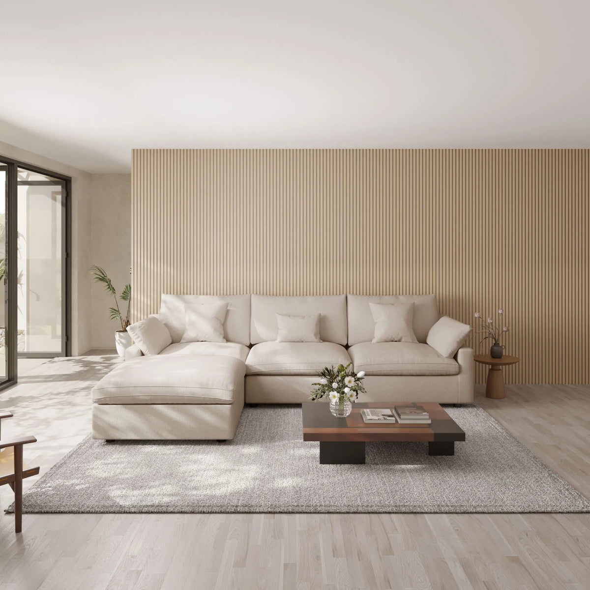 Sky Cloud Slope Sectional Sofa, Modular Comfort Linen L-Shaped Sectional 4-Seater, Khaki