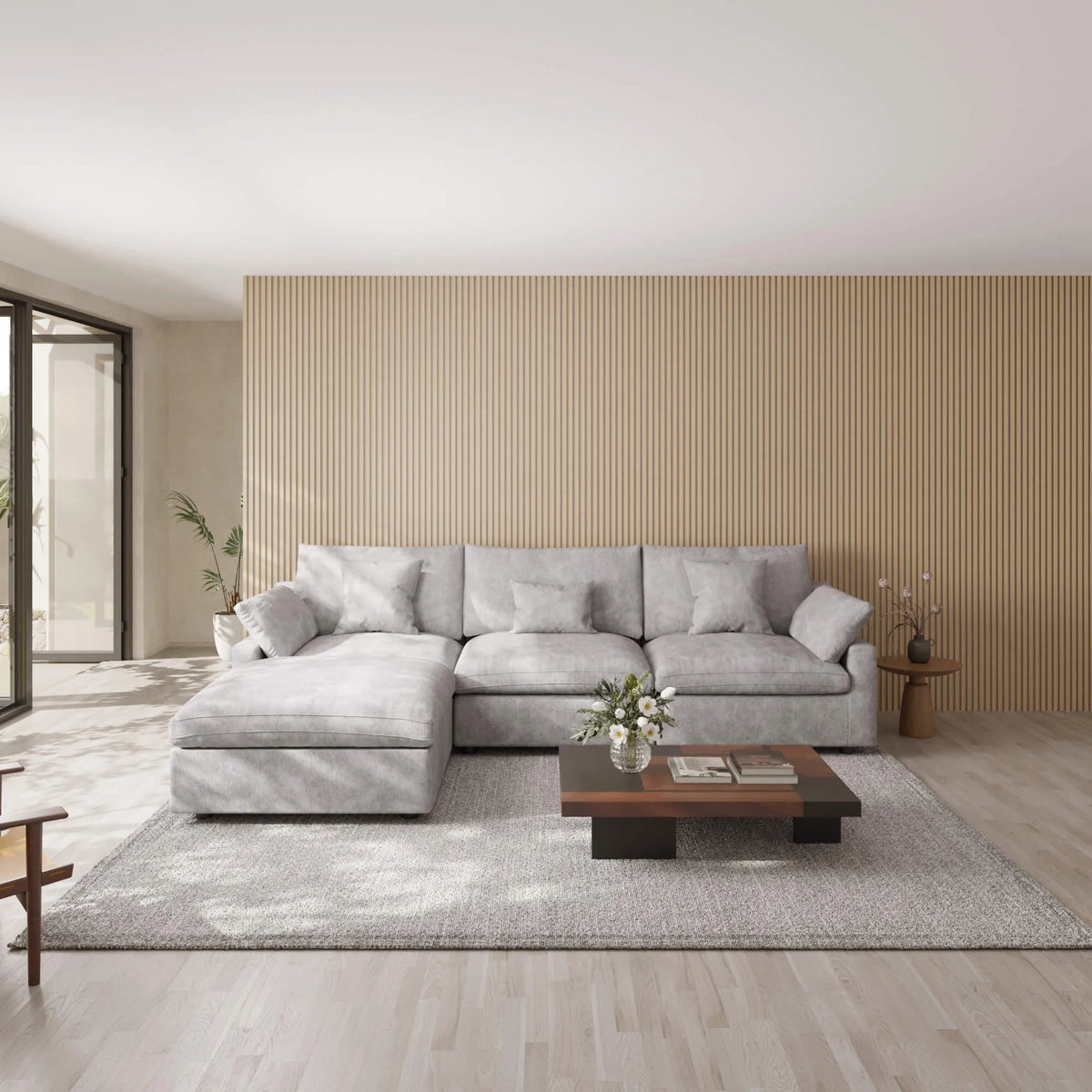 Sky Cloud Slope Sectional Sofa, Modular Comfort Linen L-Shaped Sectional 4-Seater, Light Grey