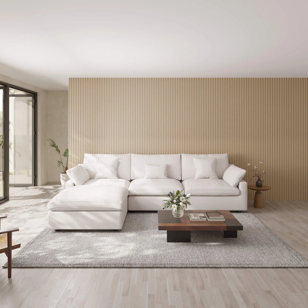 Sky Cloud Slope Sectional Sofa, Modular Comfort Linen L-Shaped Sectional 4-Seater, White