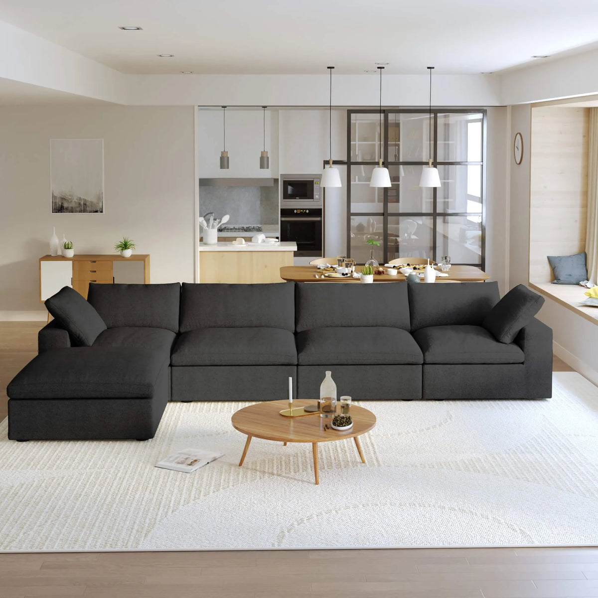 Sky Cloud Sectional Sofa, Modular Washable 160-Inch Linen L-Shaped Sectionals 5-Seaters, Black